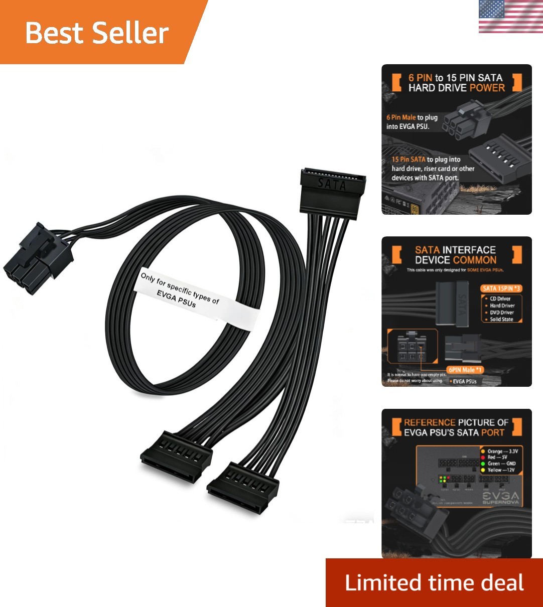 SATA Power Cable 6 Pin to 3X SATA for EVGA Supernova PSUs G1/G2/G3 GA/GM/B2/...