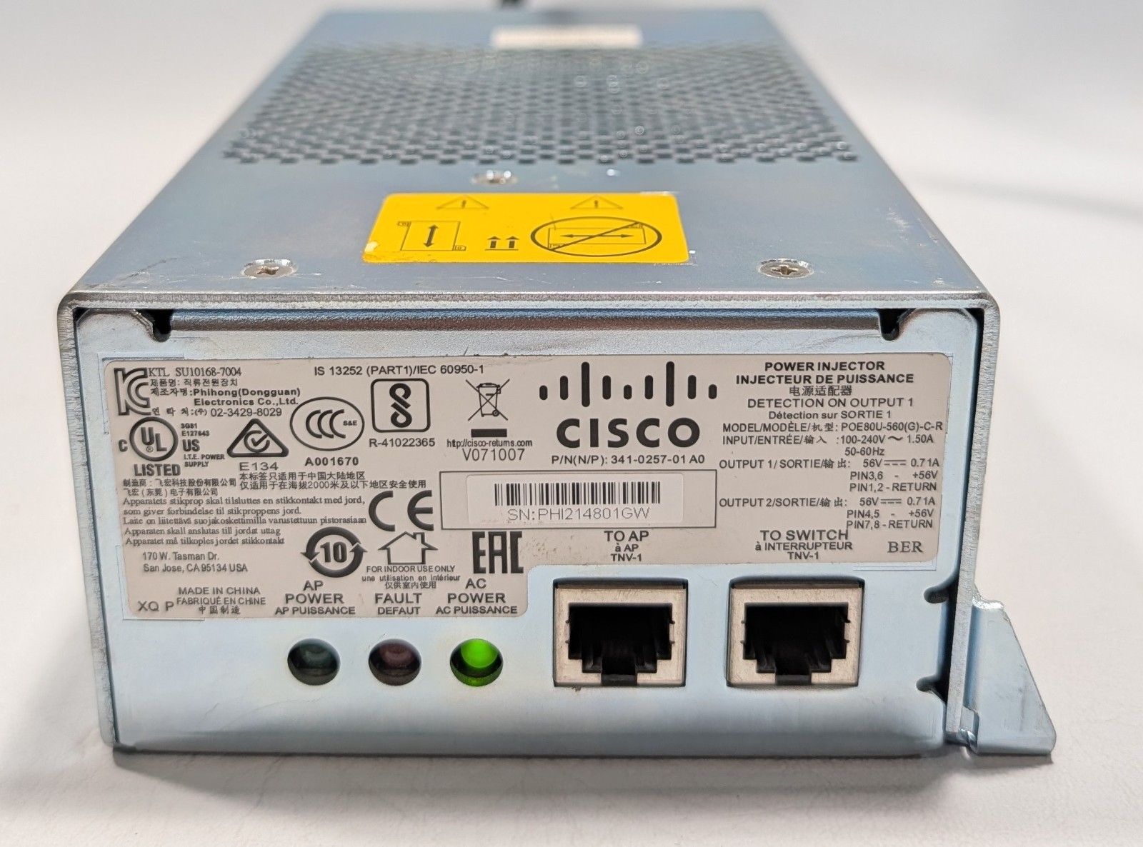 Cisco AIR-PWRINJ1500-2 80W 56V PoE Injector POE80U-560(G)-C-R 341-0257-01 Tested