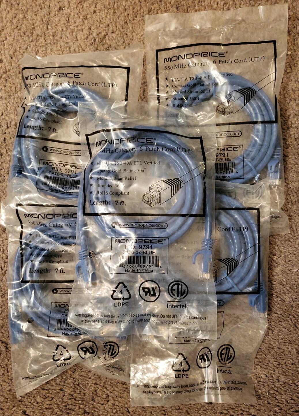 Monoprice 5 & 7 ft 550MHz Cat 6 Ethernet Network Cable Blue 7pcs 9197 9806