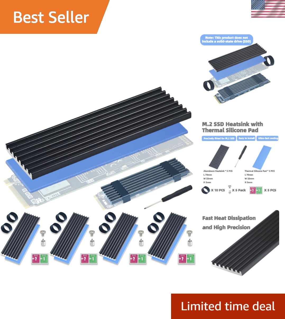 5 Pack M.2 NVMe SSD Heatsink Cooler with Thermal Pad for PS5/PC (Black)