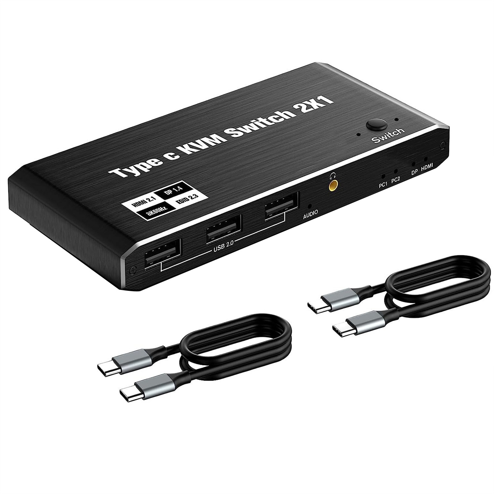 2x1 8K USB C KVM Switch 3.5mm 100W PD Charge Type C KVM Switch Accessories