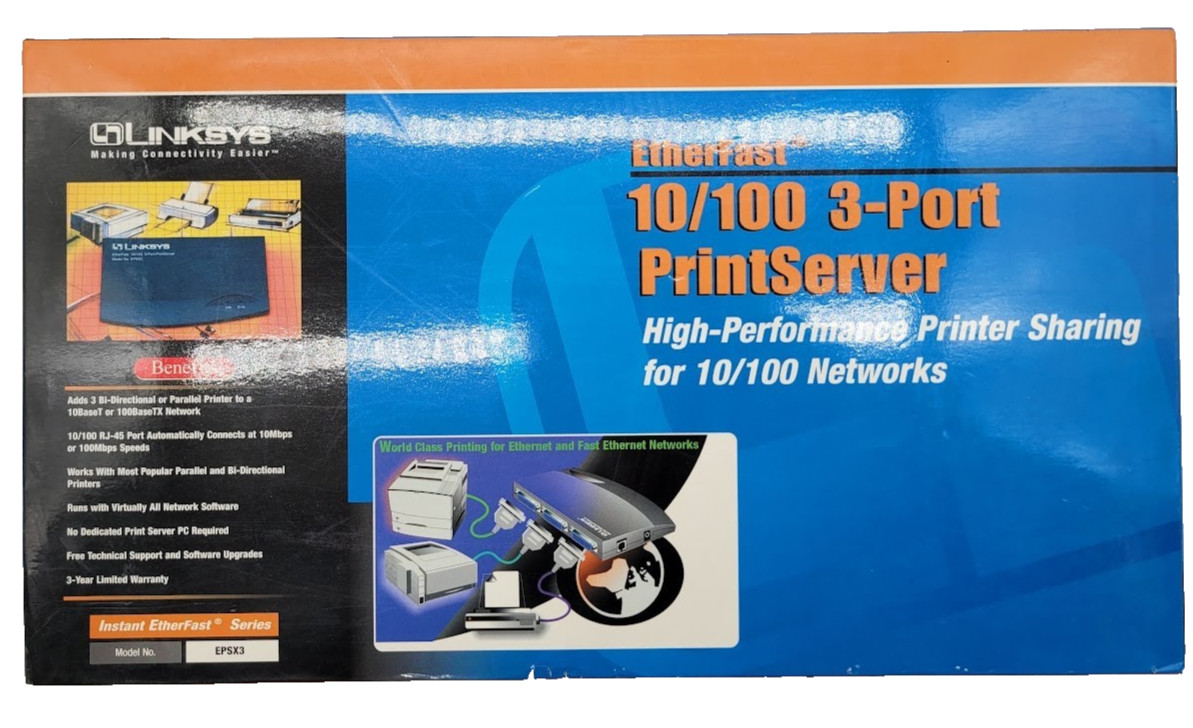 Linksys Etherfast 10/100 3-Port Print Server EPSX3 NEW OPEN BOX