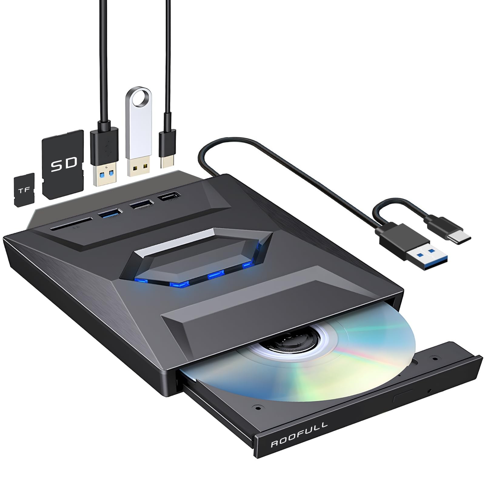 External CD DVD Drive USB 3.0 Type-C Hub with SD Card Reader - Portable & Fast