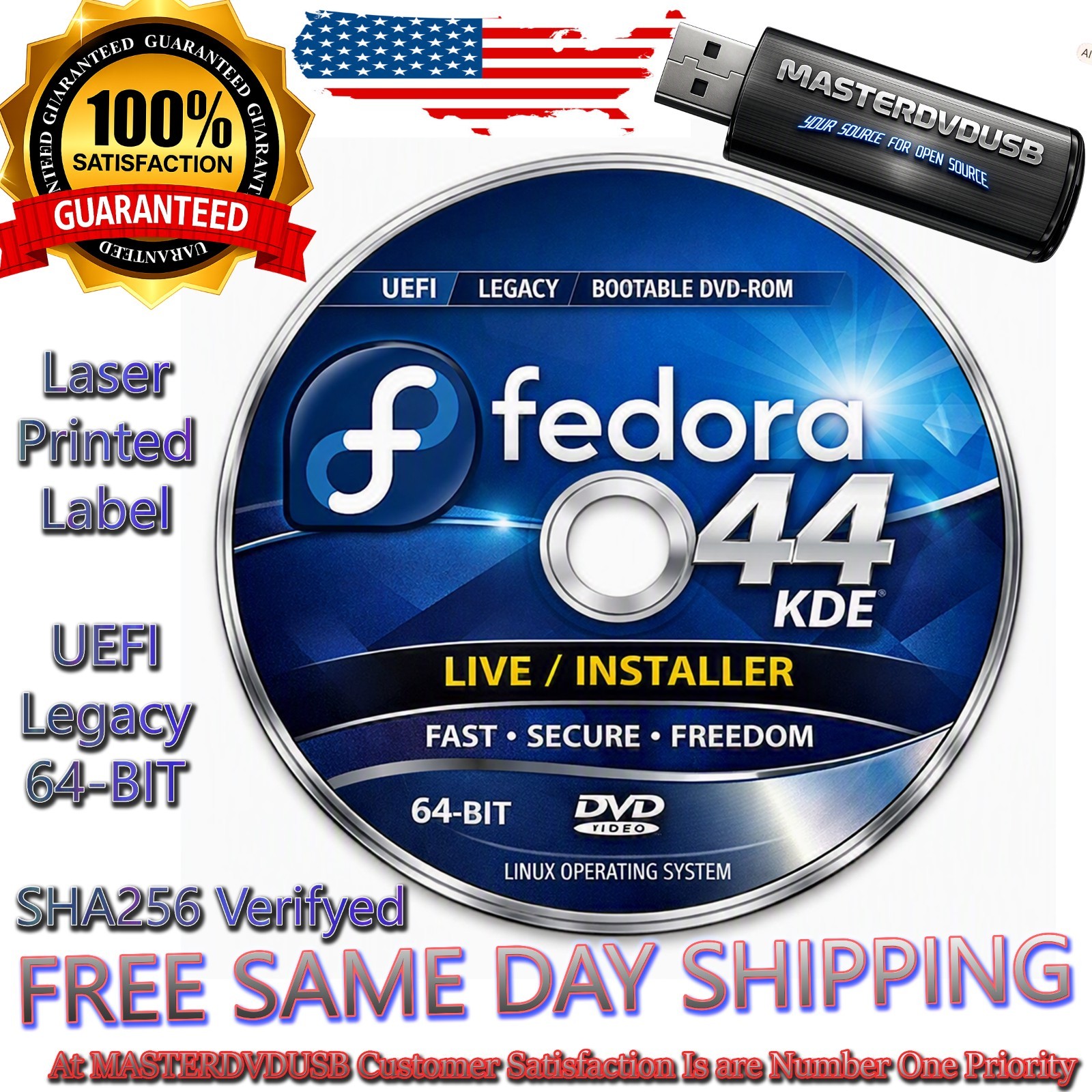 Fedora 44 KDE Bootable DVD Live Installer | 64-Bit Grade AAA+ I HD Color Label