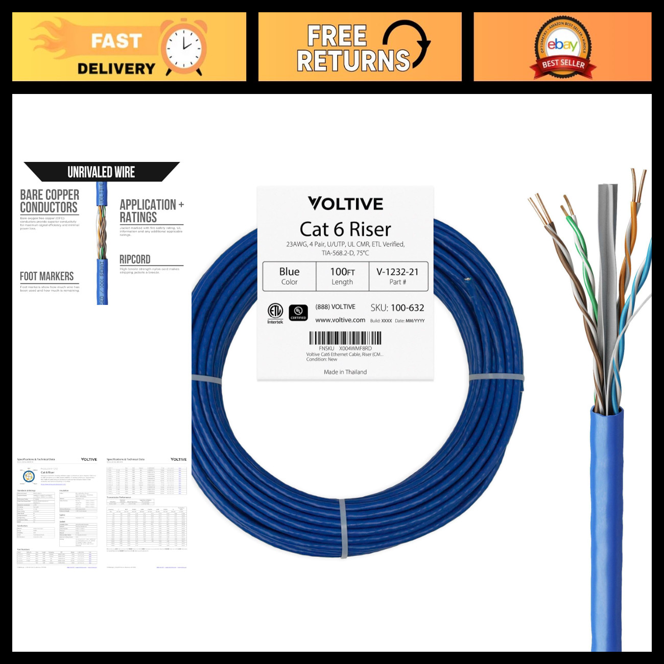 100ft Cat6 Ethernet Cable, Riser Rated, 600MHz, Solid Copper, UTP, Blue, 23AWG