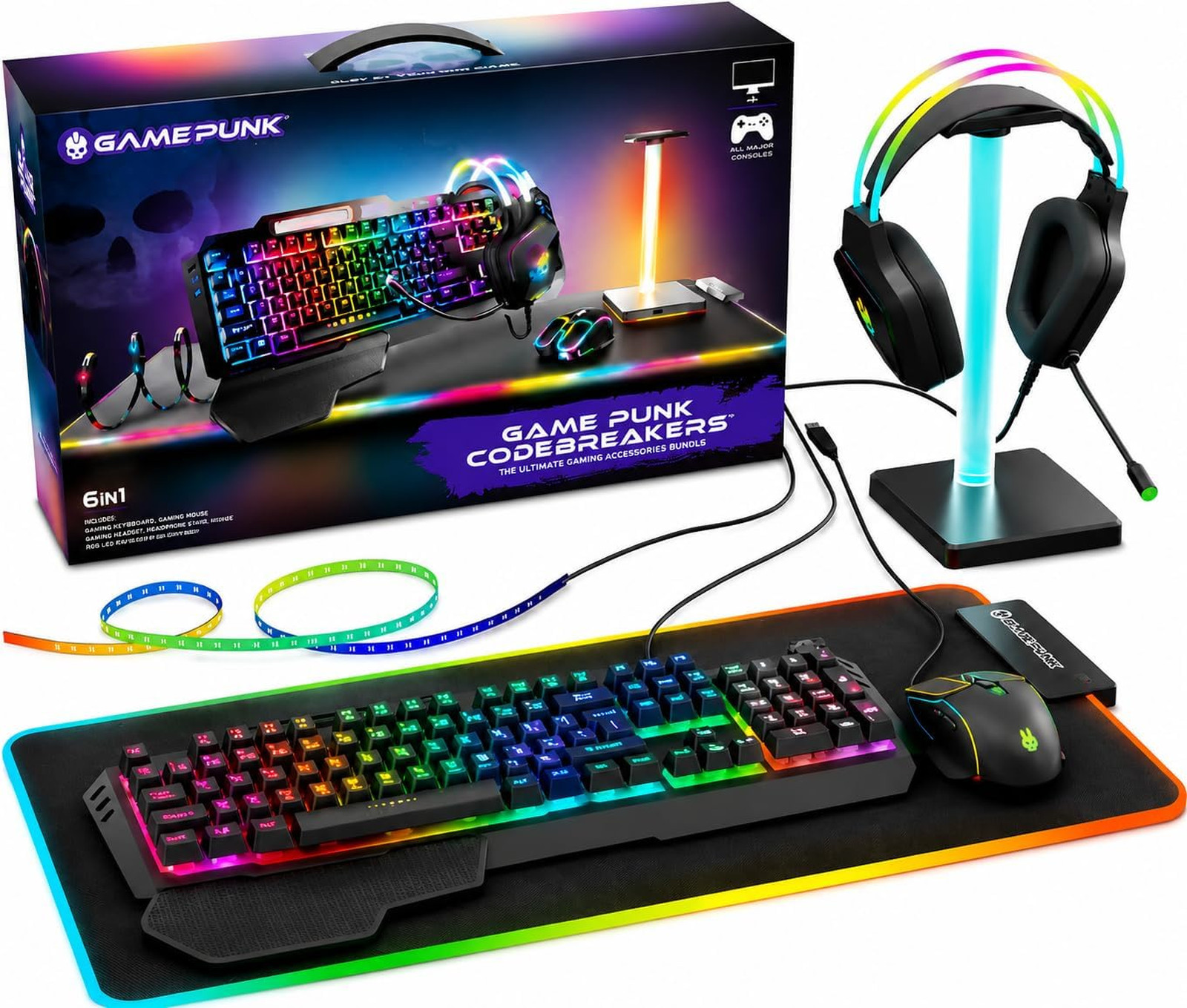 Wired Rgb Mechanical Gaming Keyboard Mouse Pad Headset Stand Light Pc Console