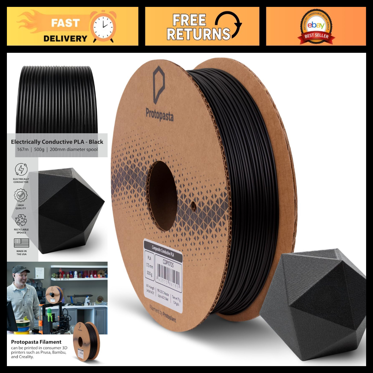 Electrically Conductive Black PLA 3D Printer Filament 1.75mm | Low Warp, Easy Pr
