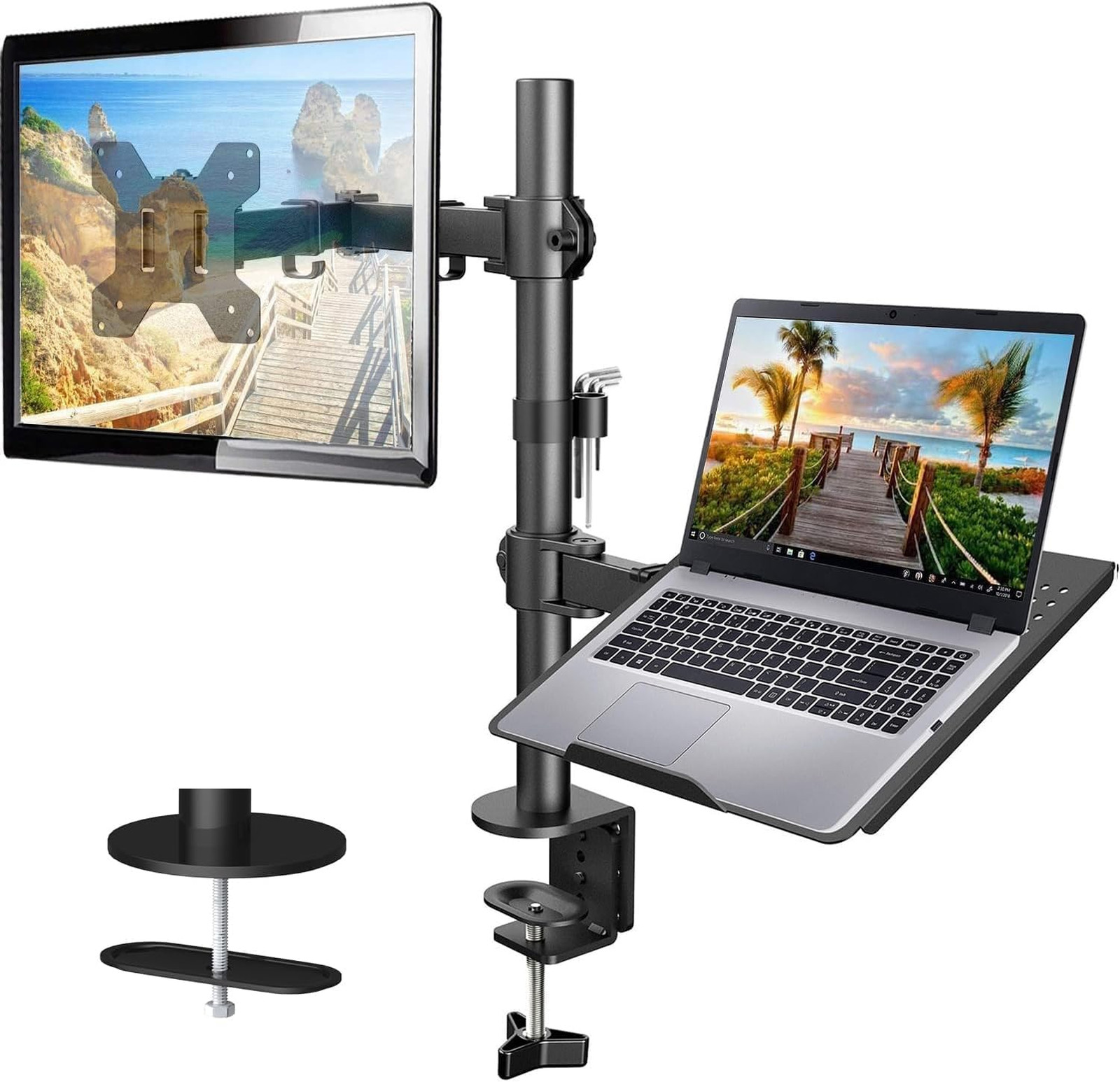 Adjustable Monitor Mount with Laptop Tray Single Desk Clamp Grommet for 13 32