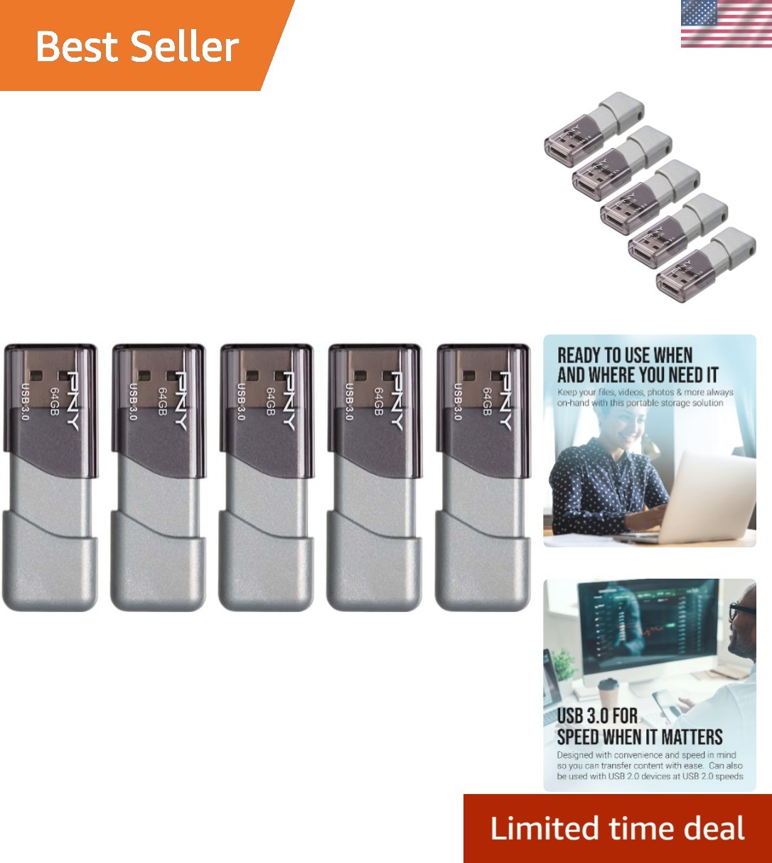 64GB USB 3.0 Flash Drive 5-Pack – Ultra-Fast Transfers & Stylish Silver Design