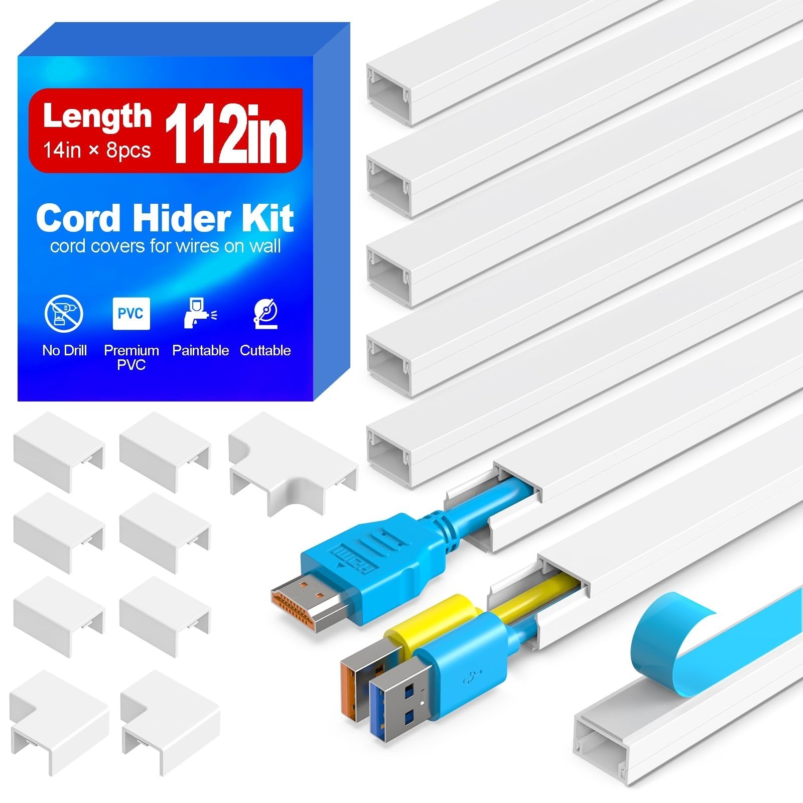 112in Cord Hider Kit Paintable Cable Raceway Self Adhesive Wire Cover White