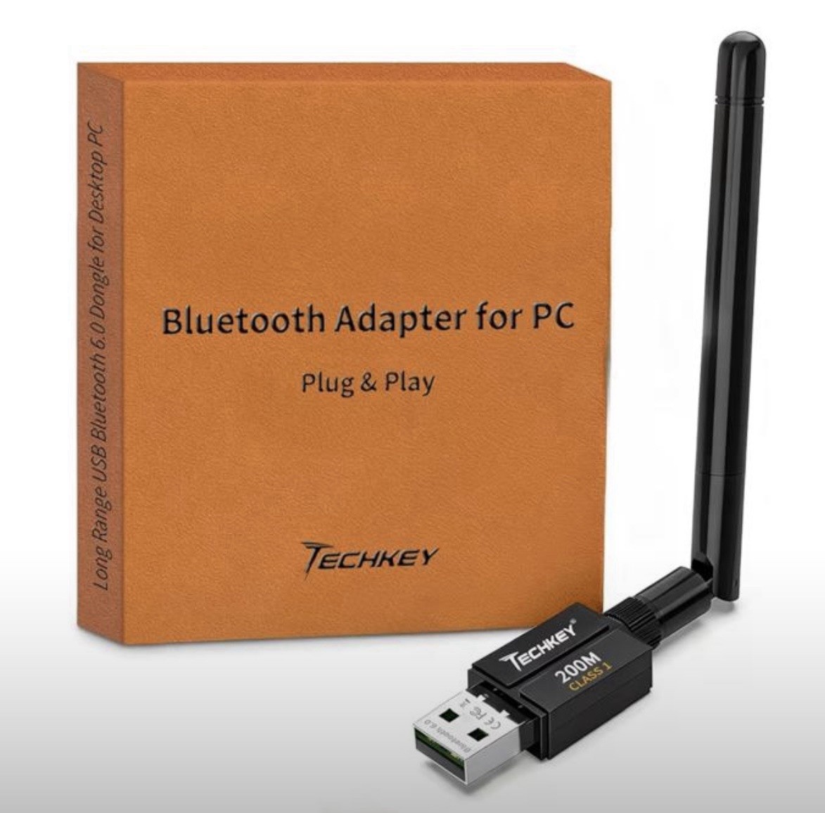 TECHKEY 200M Bluetooth v6.0 USB Adapter Plug & Play for PC w/ Antenna Black
