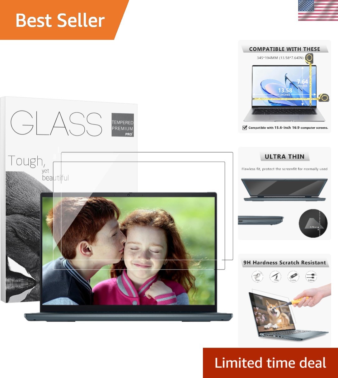 2-Pack 15.6" Tempered Glass Laptop Screen Protector - Ultra-Clear & Scratch R...