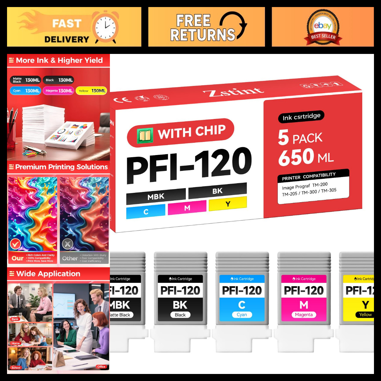 High Capacity 5-Pack Pigment Ink Tank Set 130ml Compatible for Canon Printers
