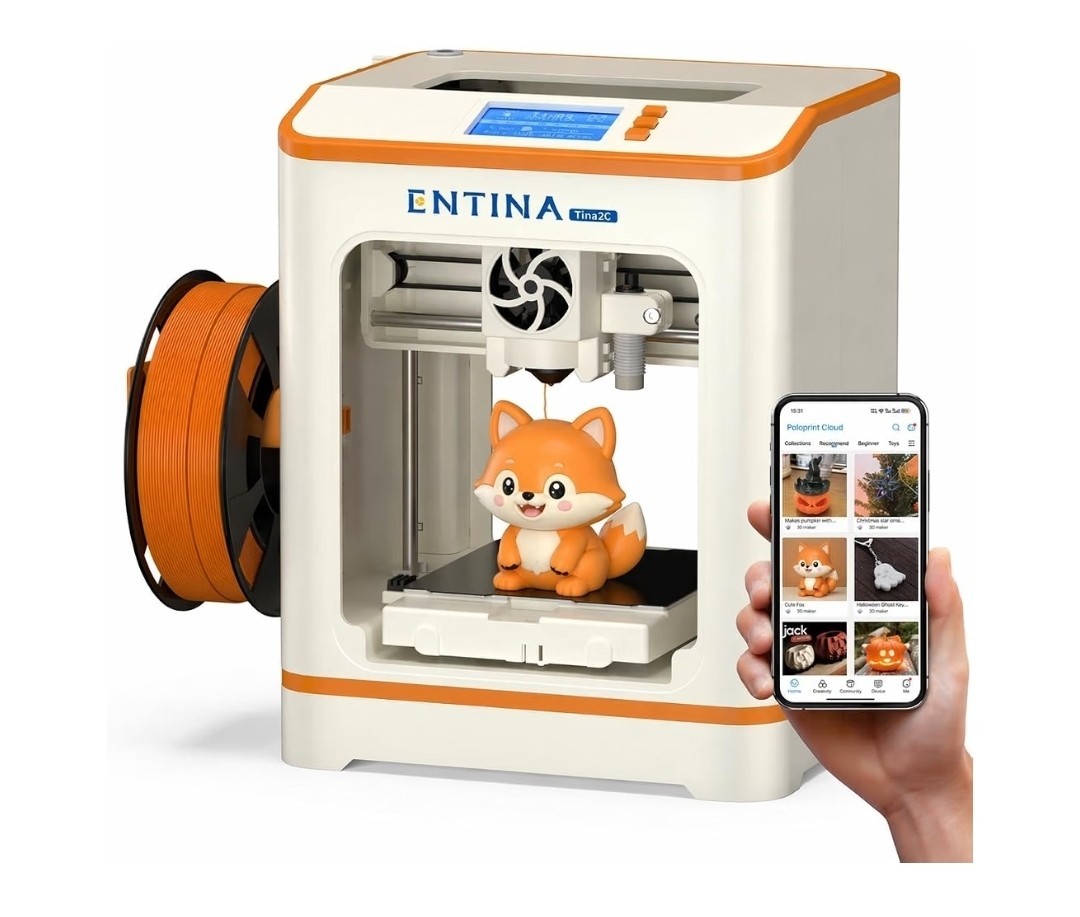 Entina Tina2C 3D Printer, Compact Mini FDM, 9-Point Auto Leveling, Quiet