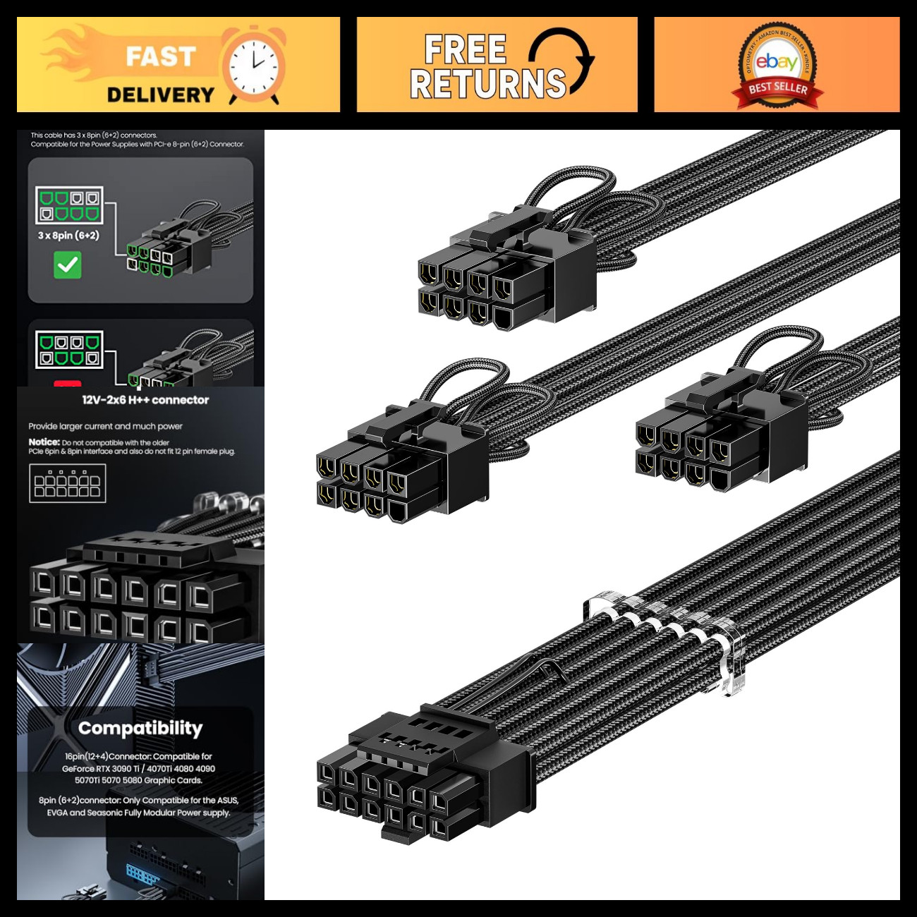 600W PCIe 5.1 GPU Power Cable 16pin (12+4) 12VHPWR - High-Performance Black