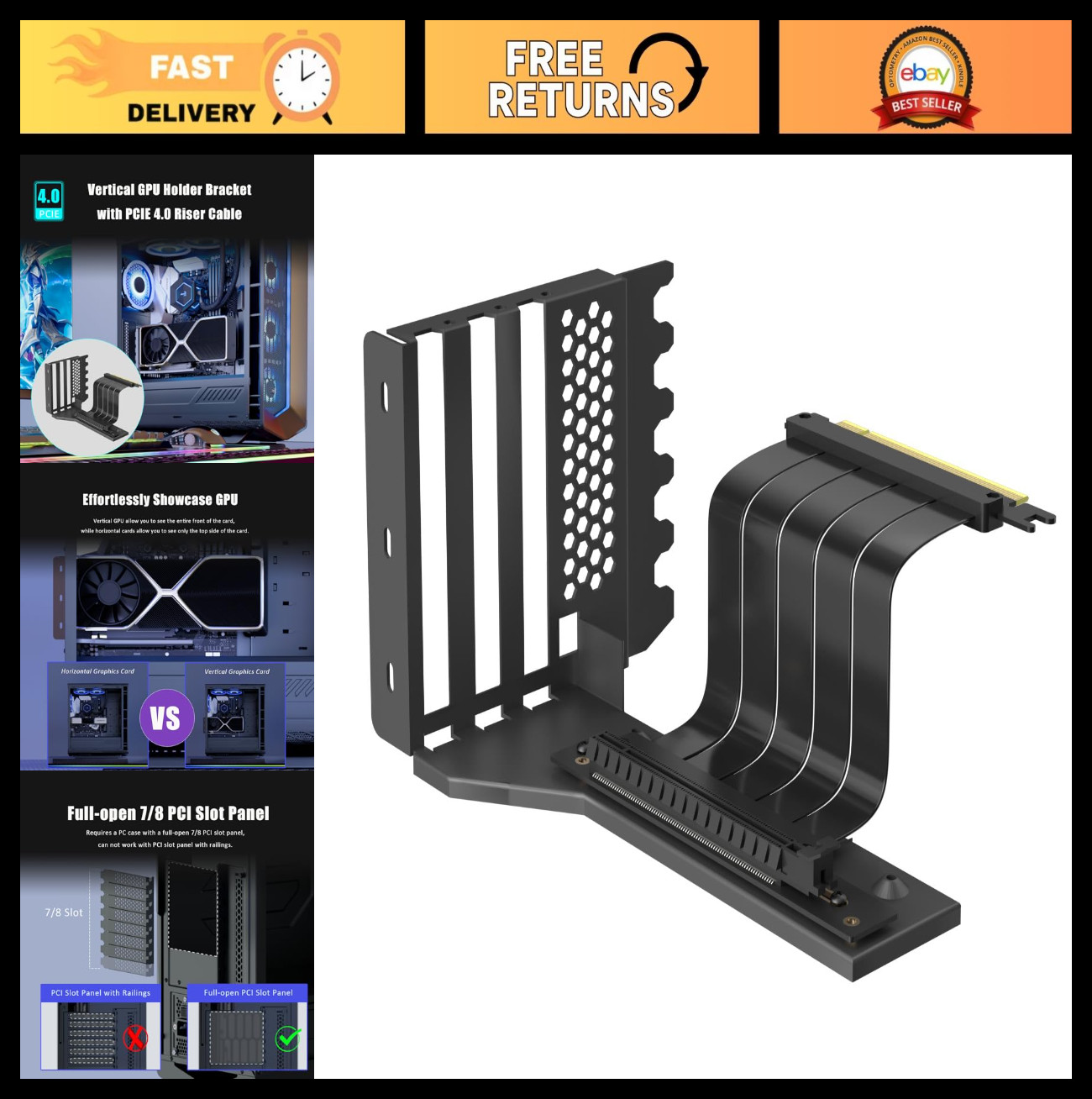 PCIe 4.0 Vertical GPU Mount Bracket - 2-Slot, Open 7-Slot Panel for Easy Install