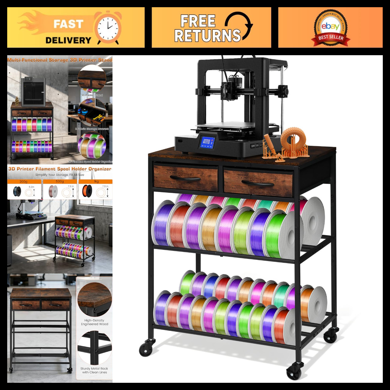 3D Printer Filament Storage Rack with Drawers & Wheels, Heavy Duty 2-Tier Organi
