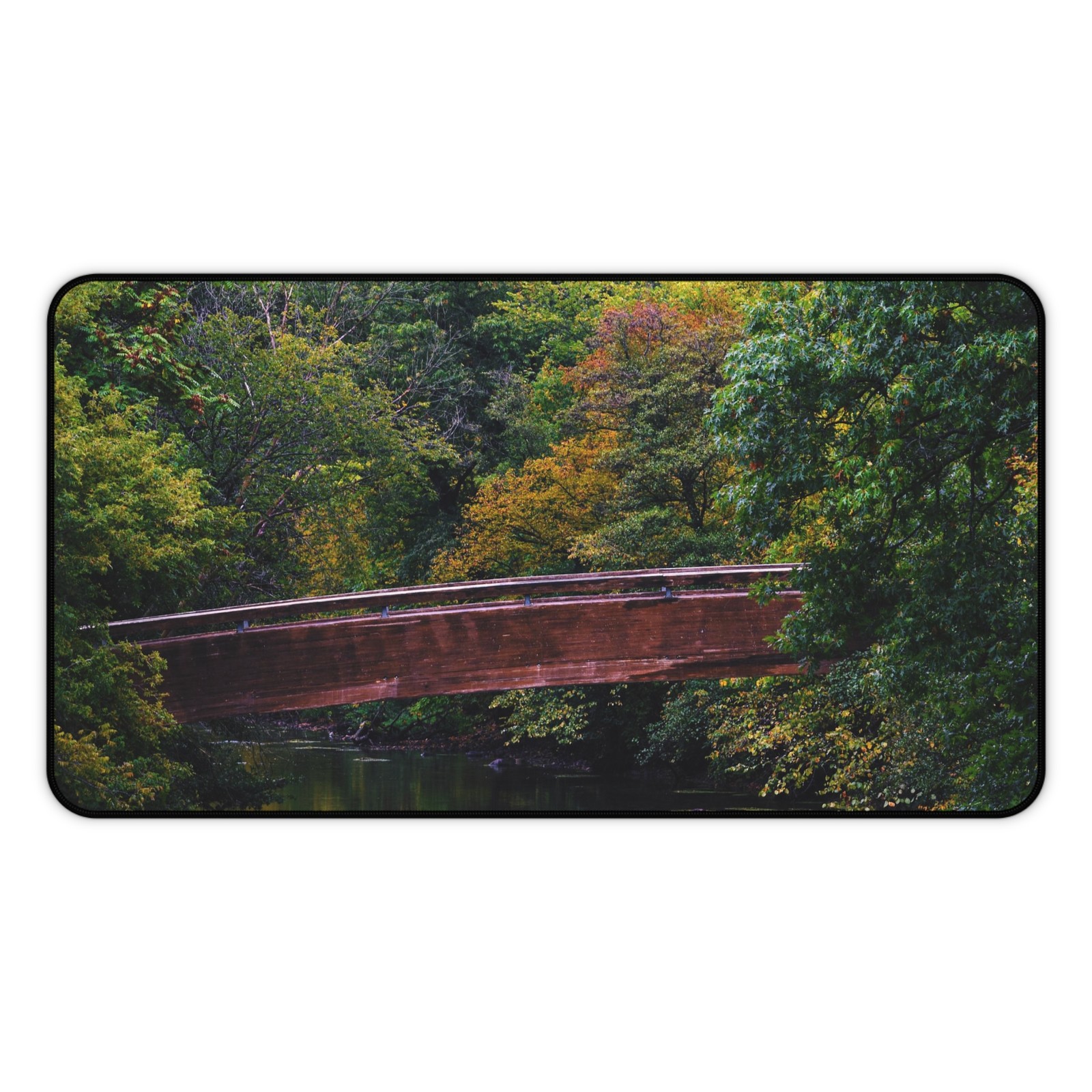 Rustic Red Bridge Desk Mat | Autumn Forest River Landscape
