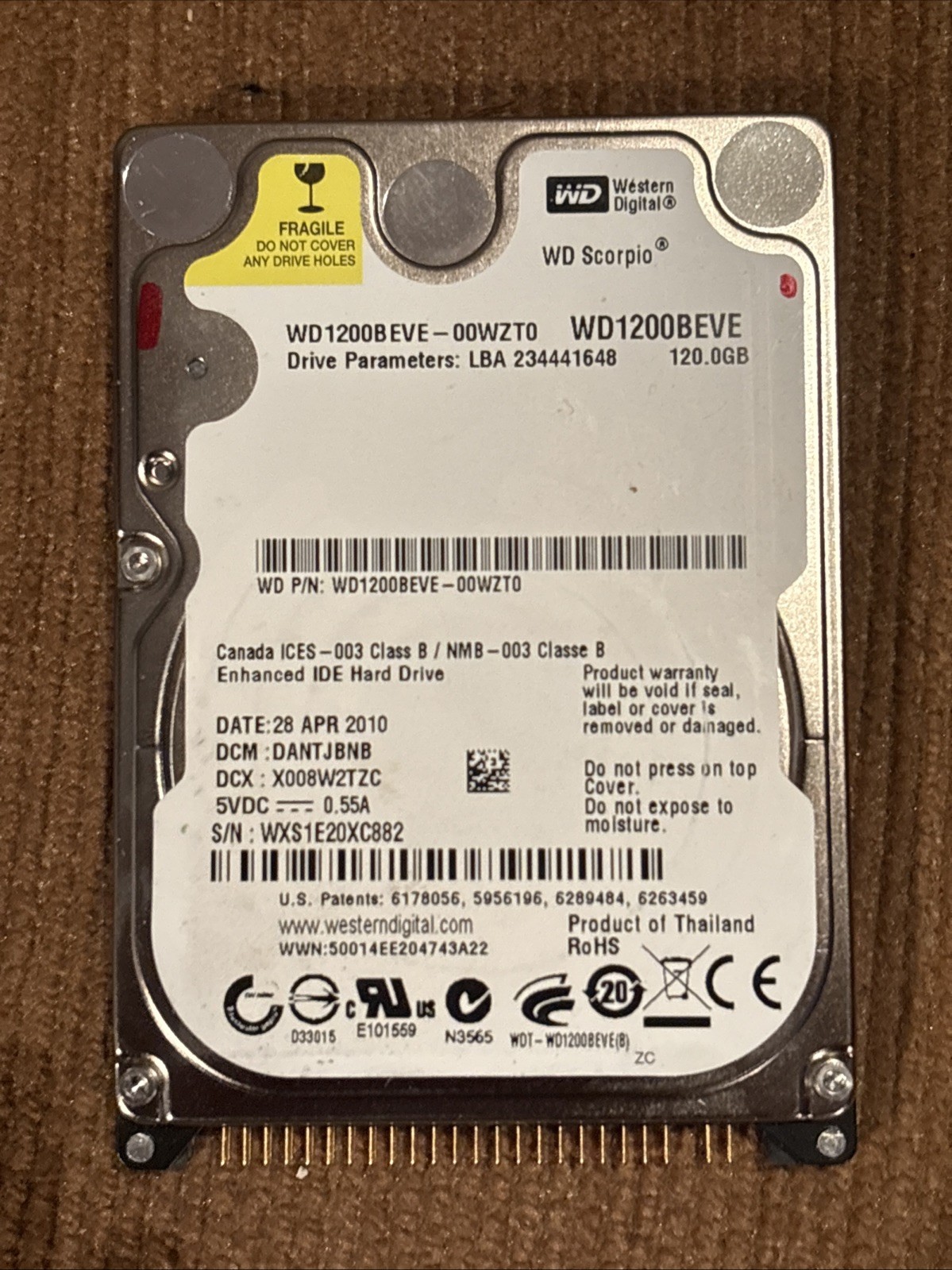 WD WD1200BEVE-00WZT0 SCORPIO ENHANCED IDE HARD DRIVE, 120GB, 2.5", ( Lot Of 10)