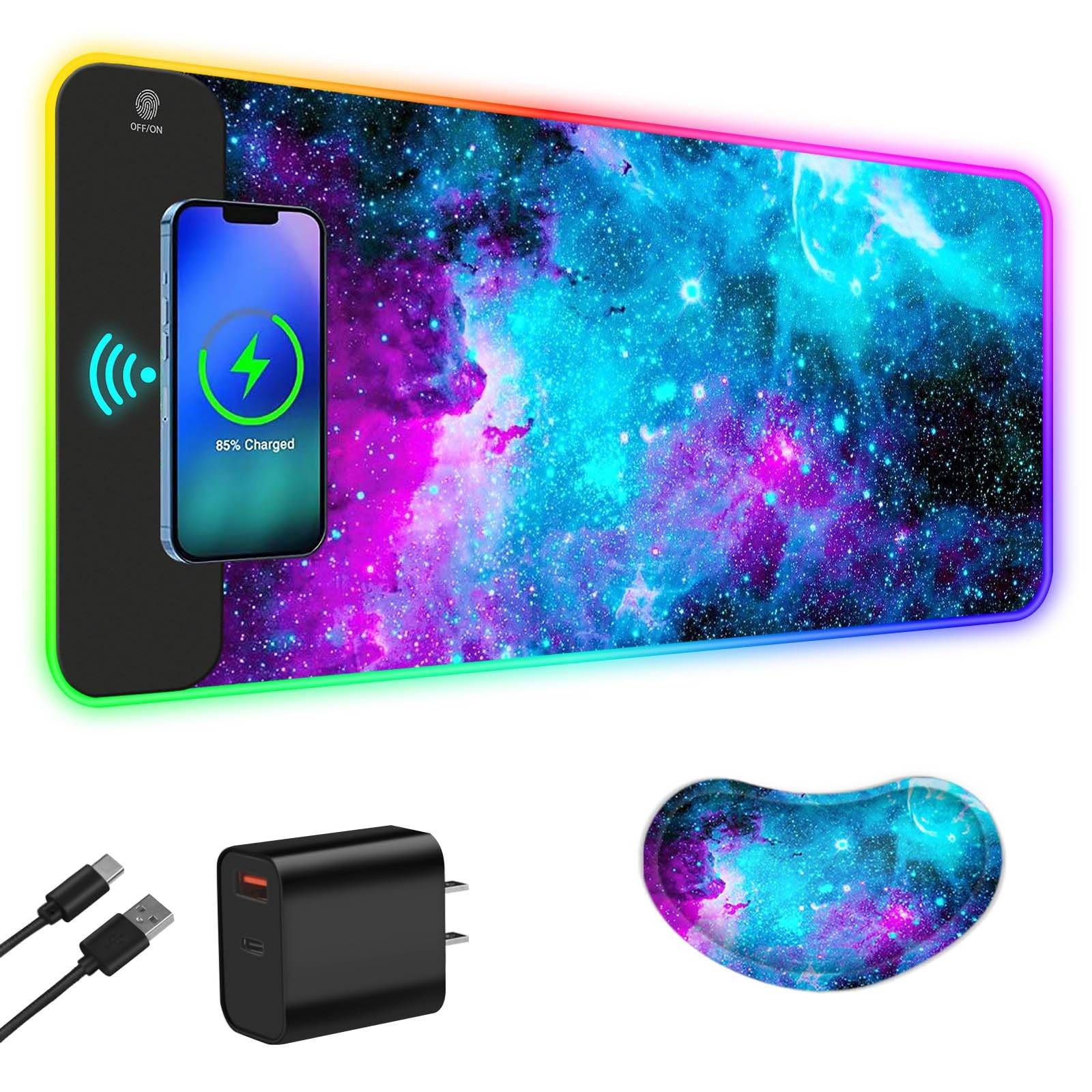 Wireless Charging RGB Gaming Mouse Pad, 15W LED Mouse Mat with 30W Charger, 1...