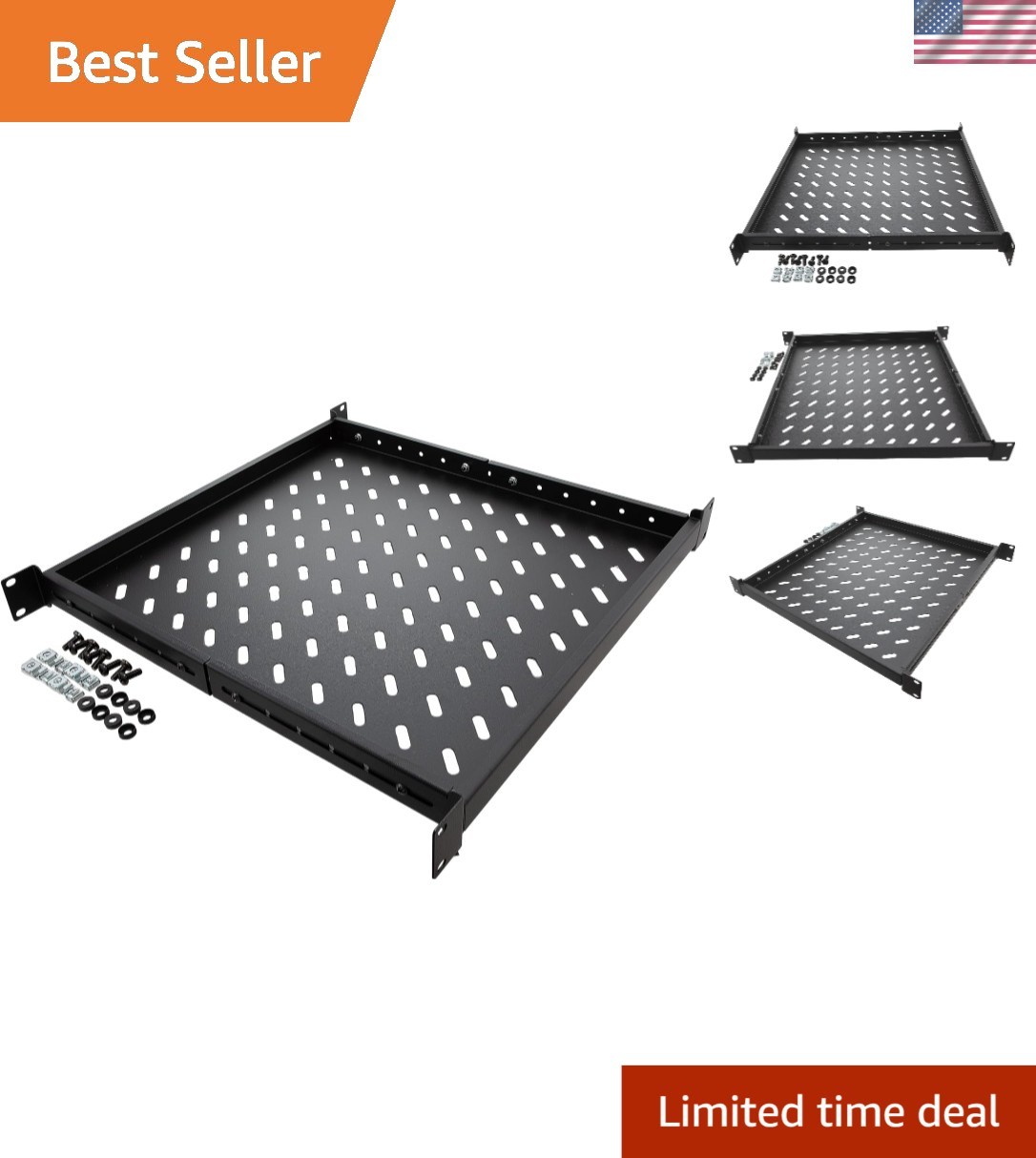 Black Alloy 1U 19-Inch Rack Mount Shelf - Adjustable Depth & Cooling Ventilation