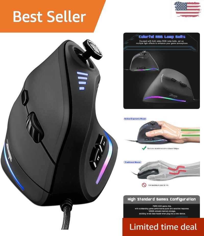 Vertical Ergonomic Gaming Mouse with 5D Rocker & 10000 DPI for Comfort & Control