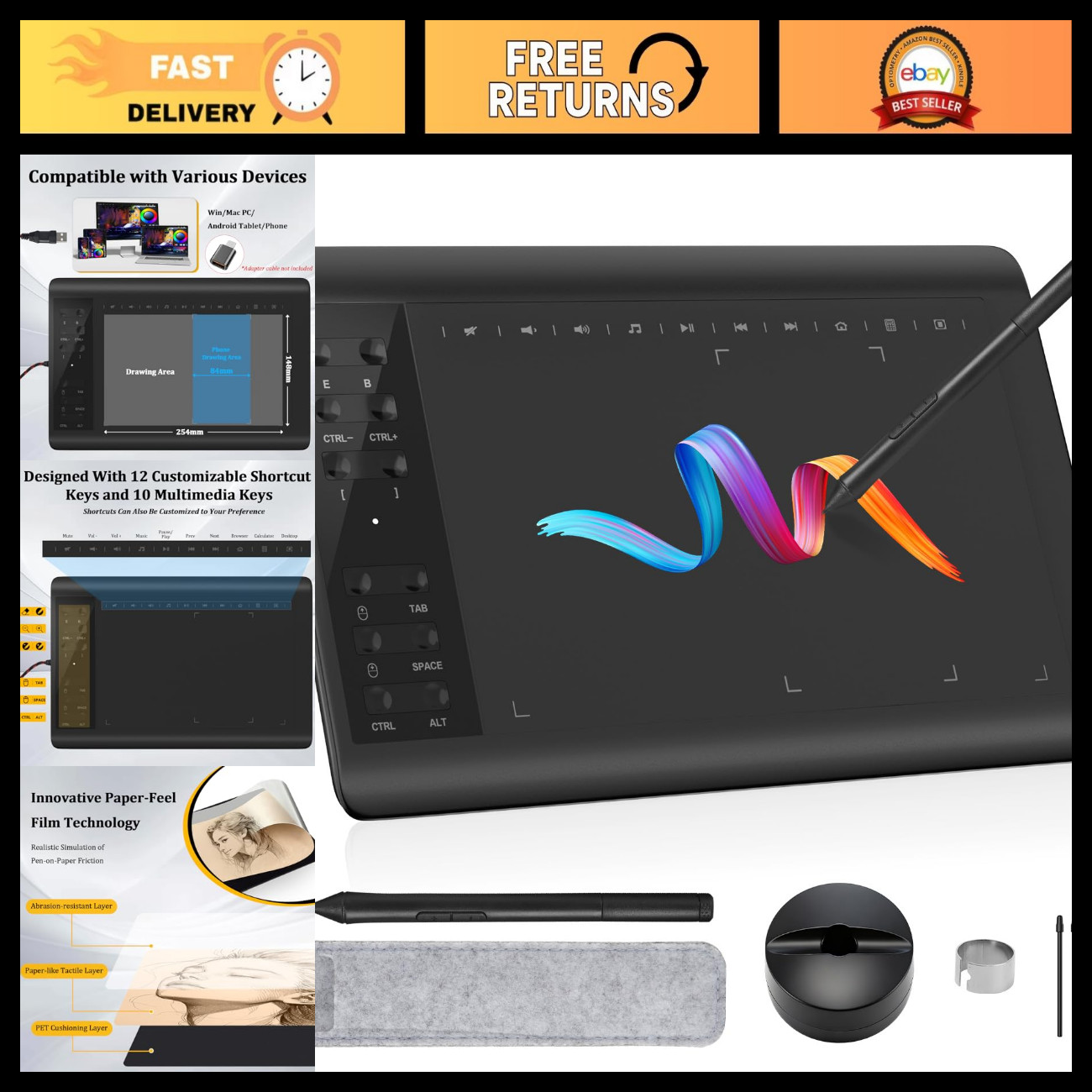 10x6 Inch Drawing Tablet, 8192 Pressure Levels, Battery-Free Stylus, Art & Desig