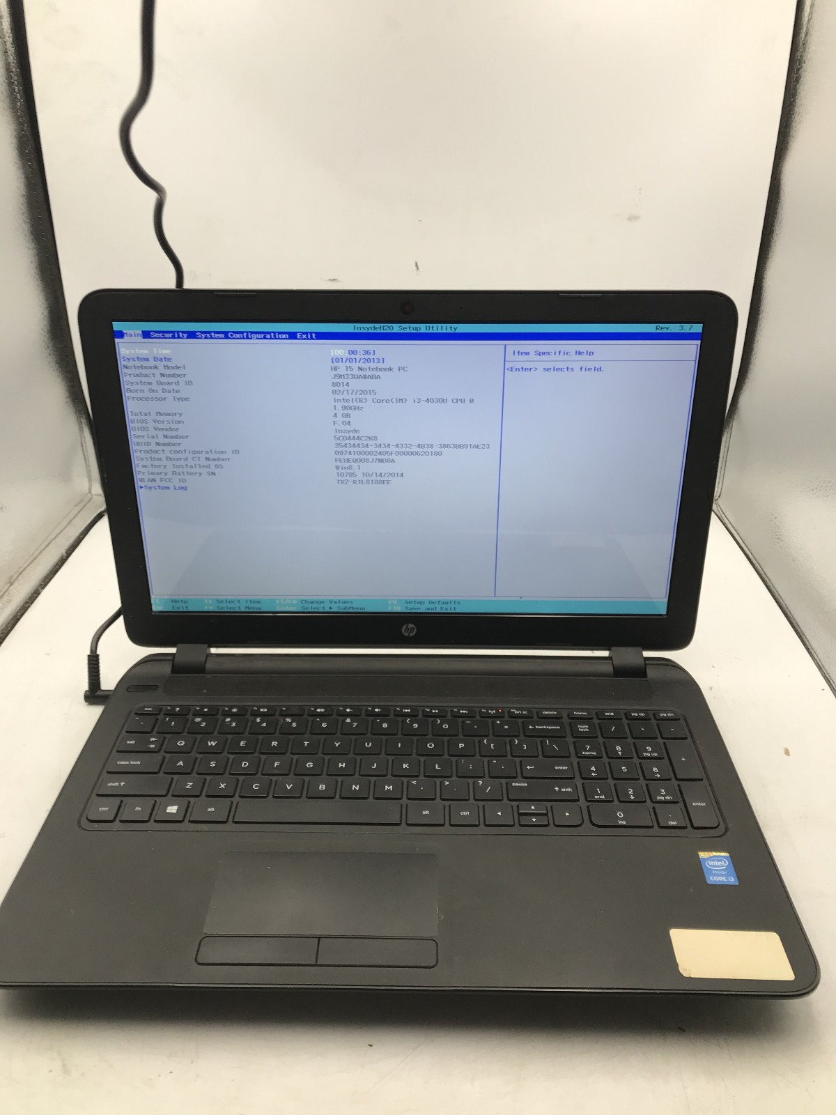 HP 15 F019DX - BOOTS TO BIOS - INTEL I3 4030U - NO RAM - NO OS - READ DESC - BB