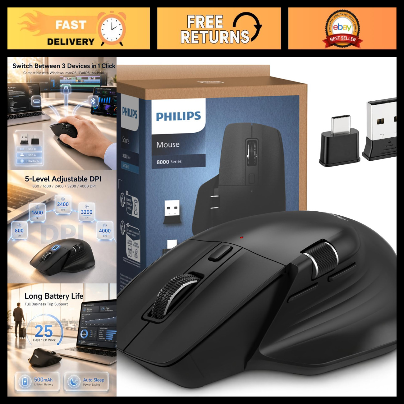 Ergonomic Wireless Mouse - Multi-Device Bluetooth USB-A/C for Laptop & PC, Silen