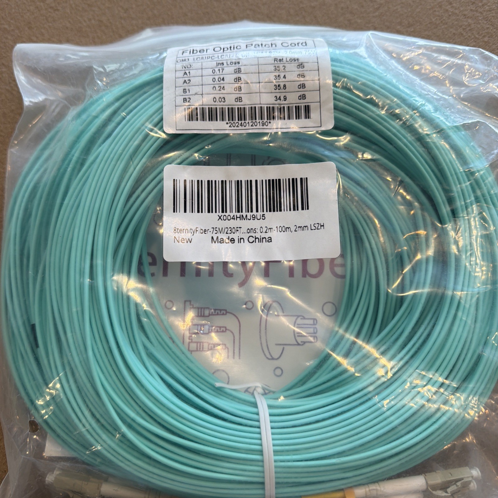 8ternityfiber LC to LC Fiber Patch Cable OM3 Multimode 75M