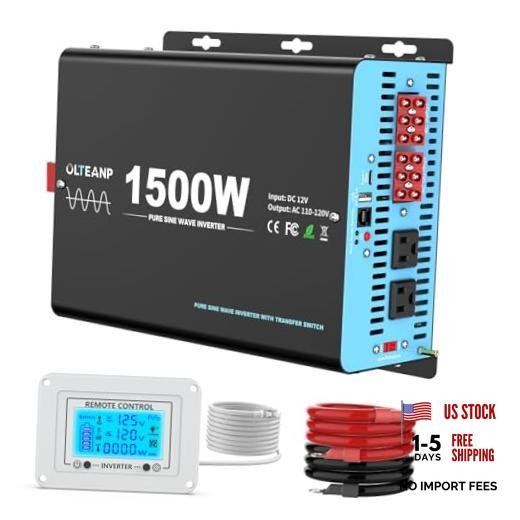 Pure Sine Wave Power Inverter with Transfer Switch, 12V DC to 1500W Light Blue