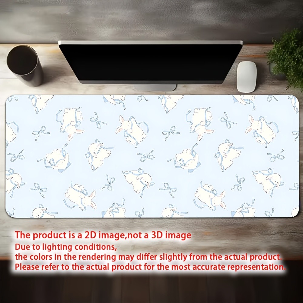 2D Flat Light Blue Ribbon Bunny Desk Mat Gaming Mouse Pad 1pc - Non-Slip Rubbe