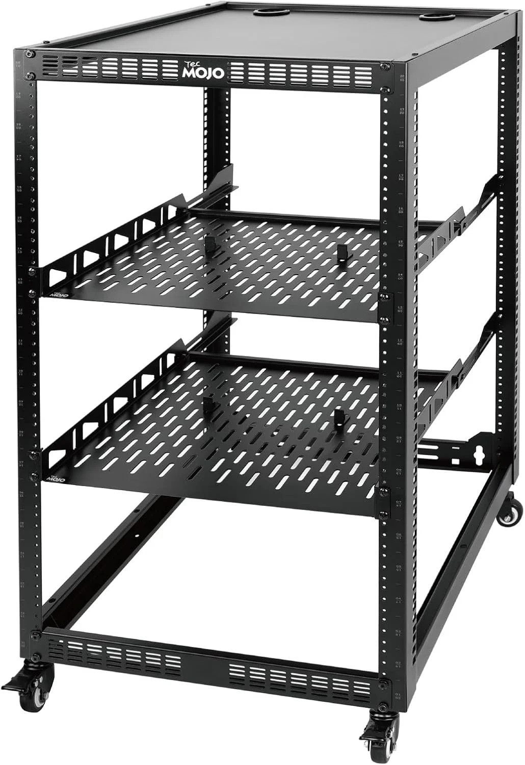 TECMOJO 20U Open Frame Network Rack for IT & AV Gear, 4-Post With Casters, Mobil