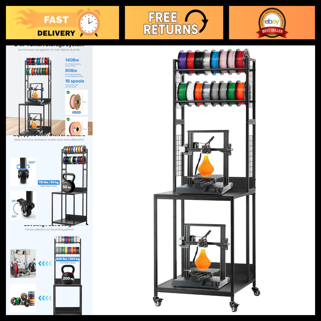 4-Tier 3D Printer Filament Storage Rack with Wheels, Spool Holder for Workshop &