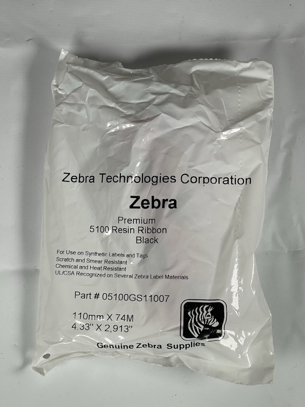 Zebra 05100GS11007 110mm x 74M 4.33" x 2.913" 5100 Resin Ribbon