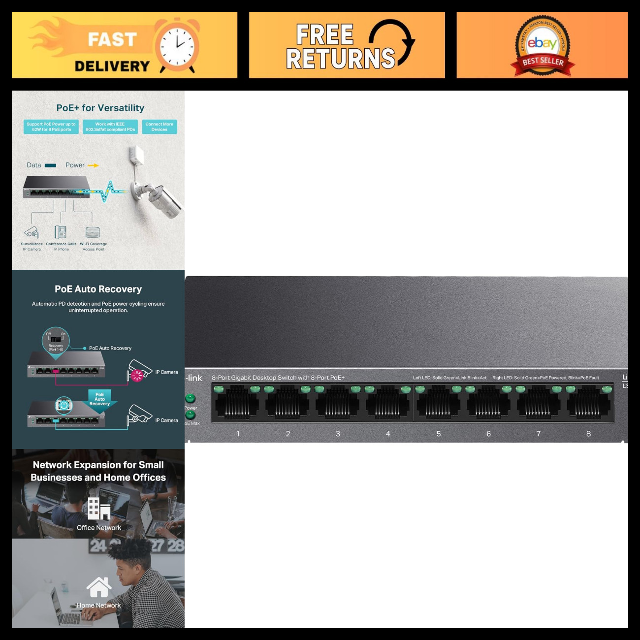8-Port PoE Gigabit Ethernet Switch, Managed Network Switch for Home/Office Use