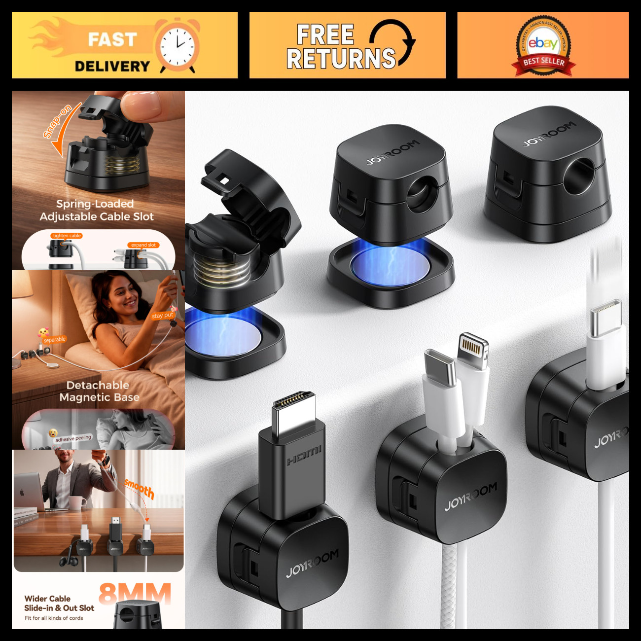 6-Pack Magnetic Cable Organizer Clips, Detachable Adhesive Cord Management Syste