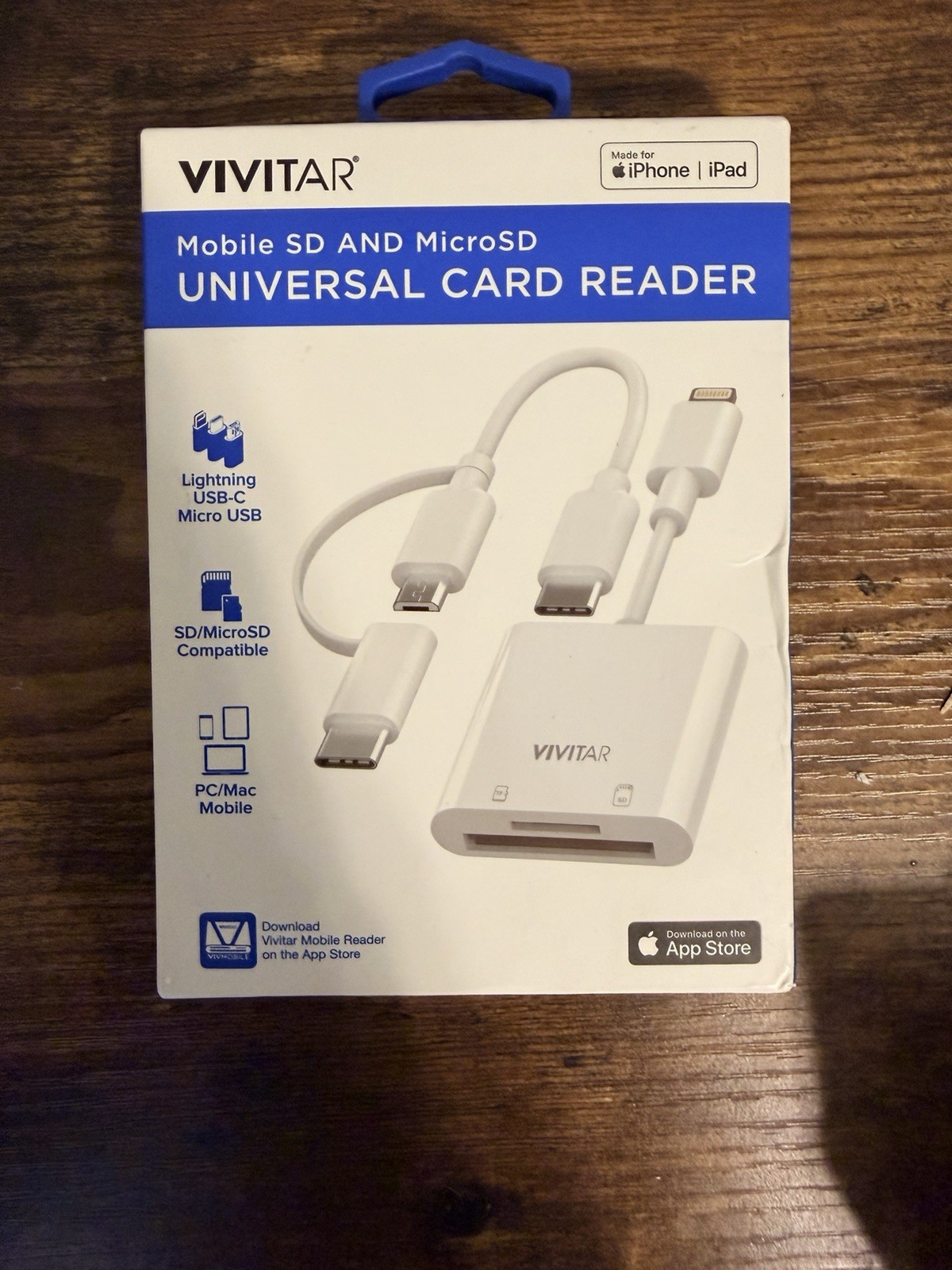 Vivitar Mobile SD/MicroSD Card Reader for iPhone iPad, Lightning USB-C Micro USB