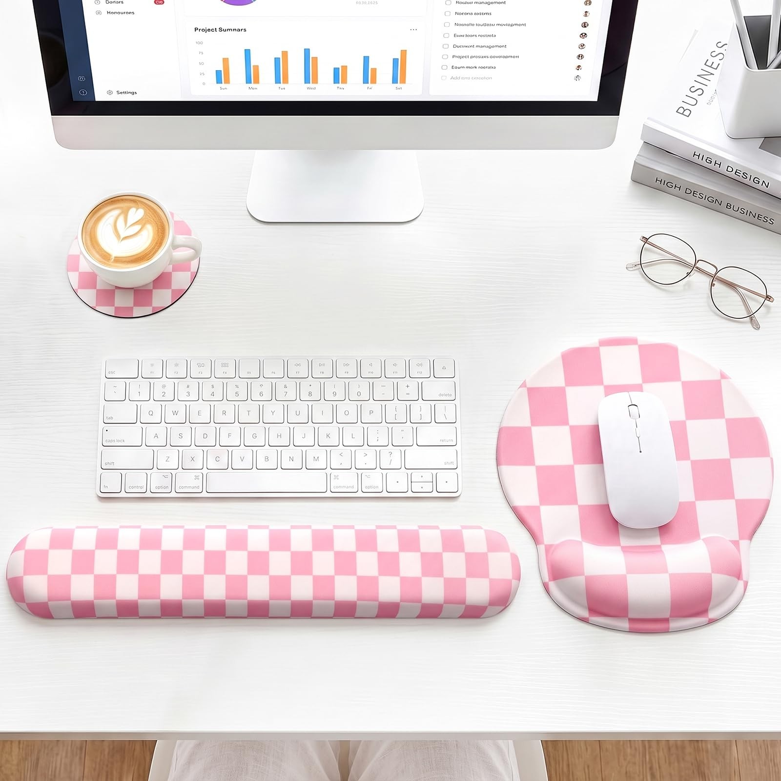 Ergonomic Mouse Pad with 3-piece set, Checkered Pattern - Pink and White