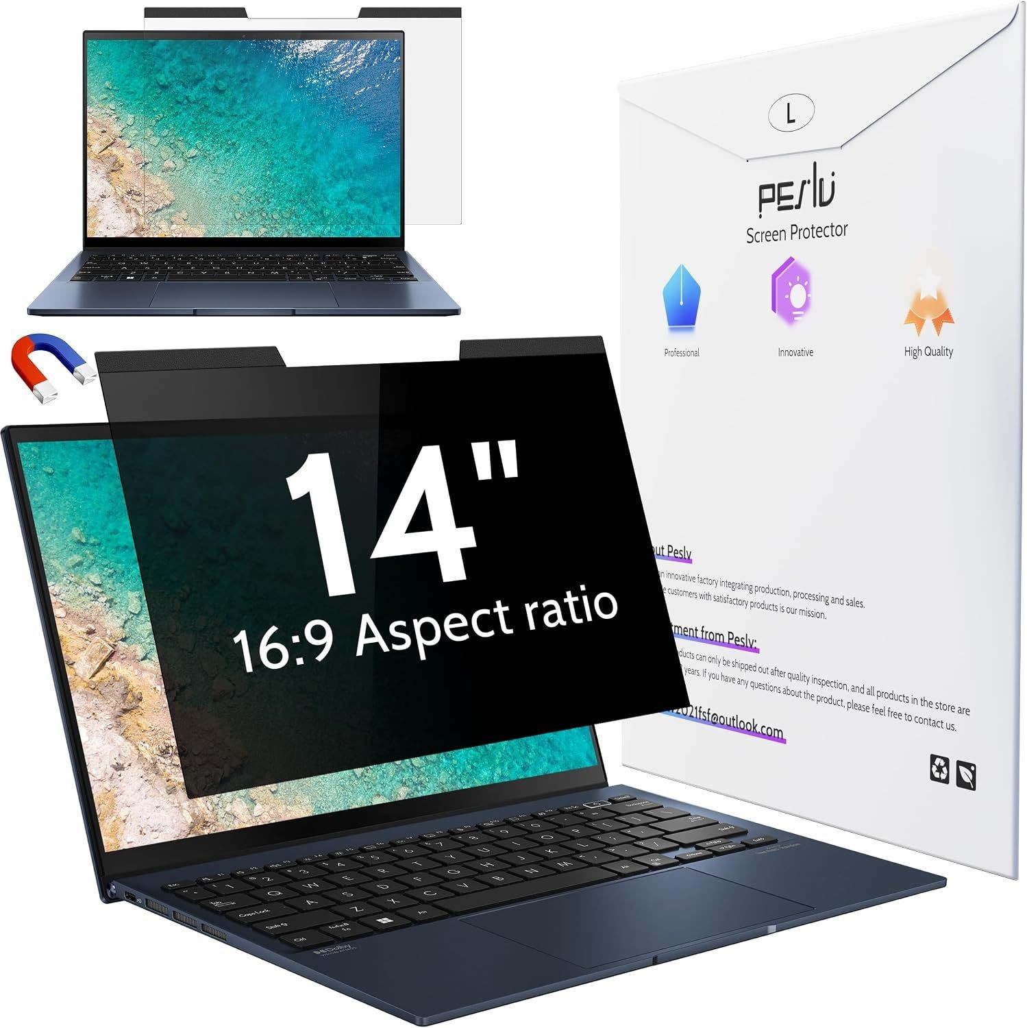 14" Magnetic Privacy Screen for 16:9 Laptops, Anti-Glare Shield & Blue Light Fil