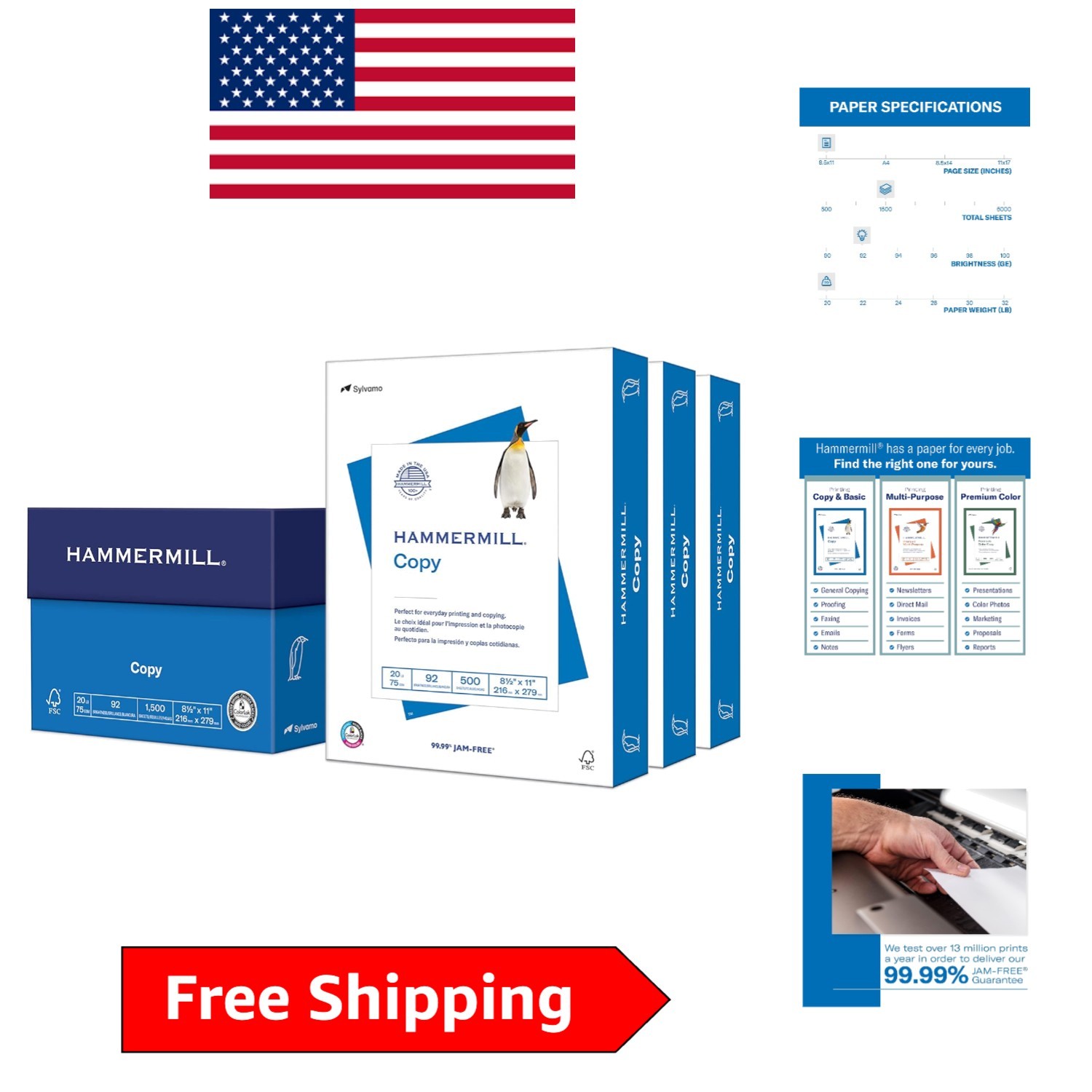 ColorLok Technology Printer Paper - 20 lb, 8.5 x 11, Smooth Finish, 1,500 Sheets