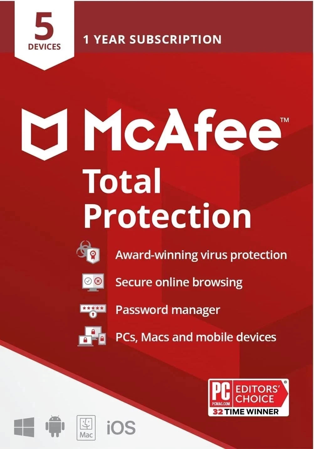 McAfee Total Protection 2026 5 Devices 1 Year Antivirus Security