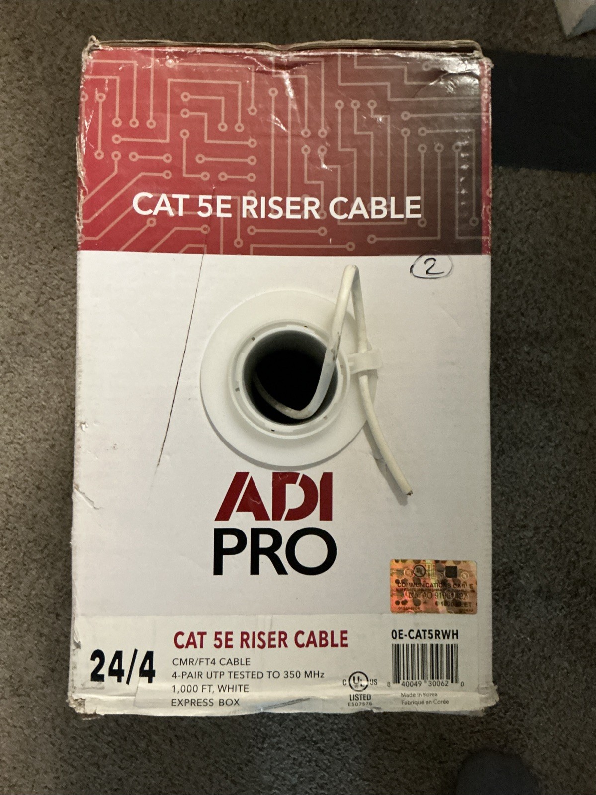 ADI PRO CAT 5E RISER CABLE CMR/FT4 CABLE. 4-PAIR UTP TESTED TO 350MHz. 1000 FT.