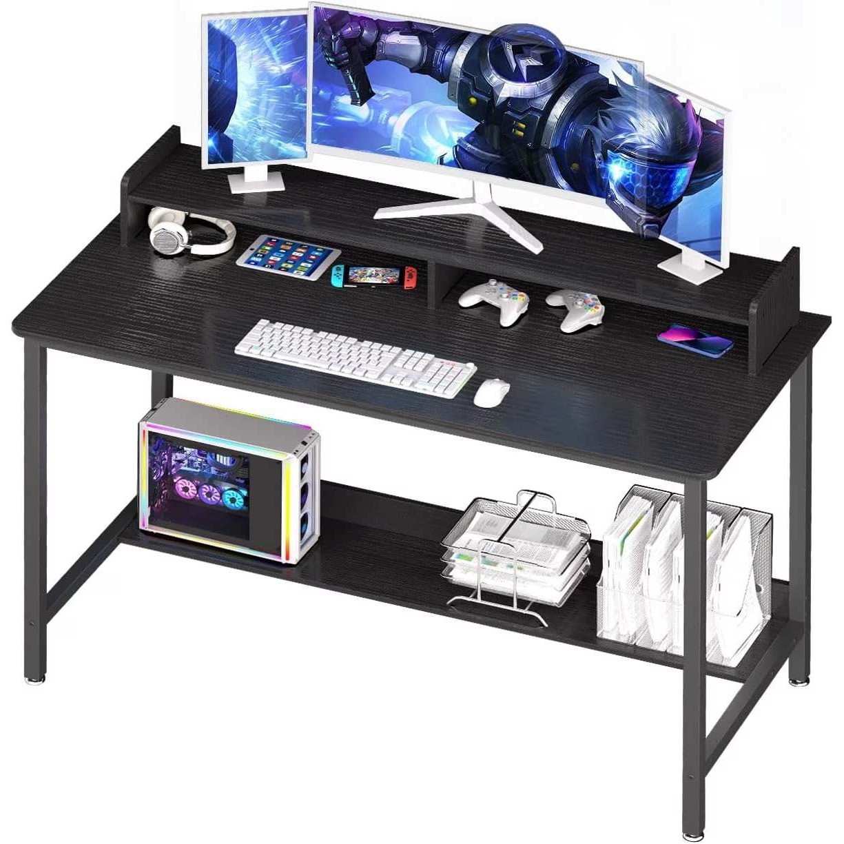 WOODYNLUX Black Computer Desk 32in with Monitor Stand Shelf and Bottom Storage