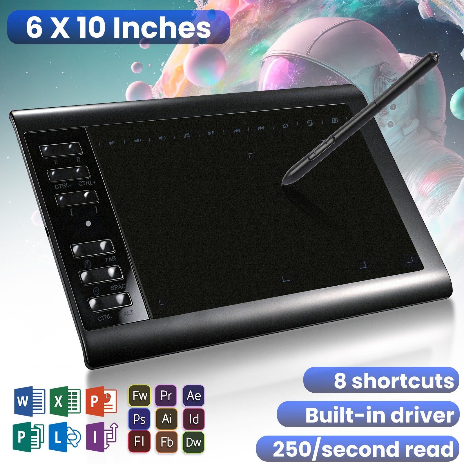 10x6in Pro Digital Graphic Drawing Tablet w/ Smart Stylus 12 Customized Hot Keys