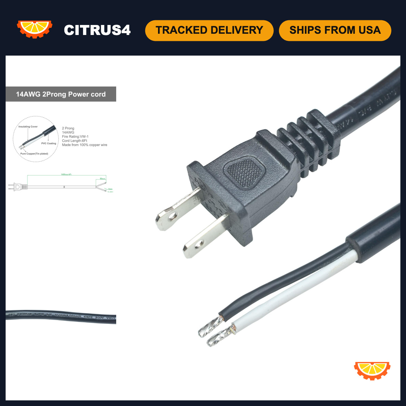 6ft 14 Gauge 2 Prong Polarized Replacement Power Cord - Heavy Duty Electrical Ca