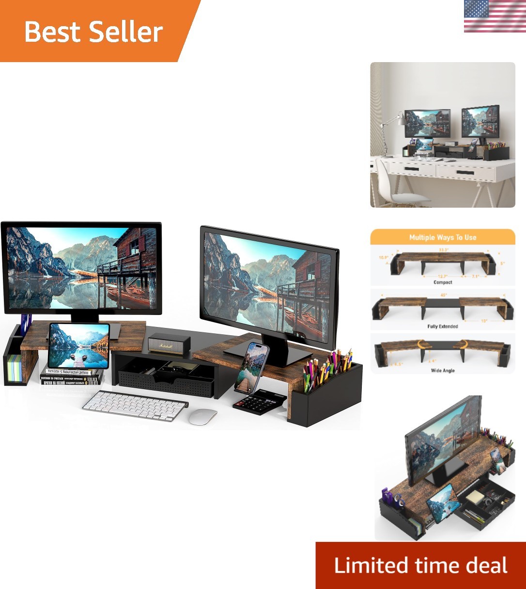 Extendable Rustic Brown Dual Monitor Riser with Sliding Drawer & Organizer