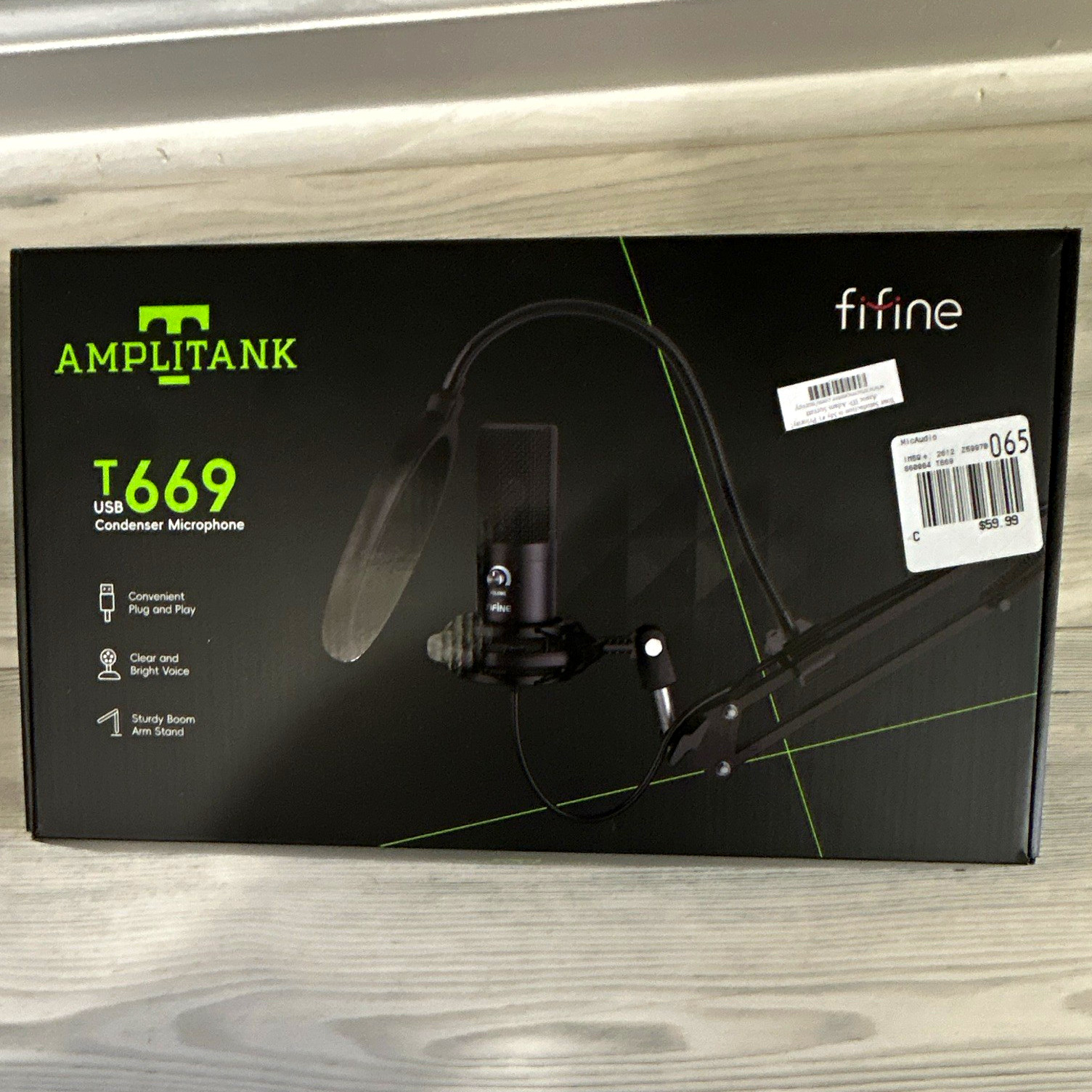 FIFINE AmpliTank T669 USB Wired Condenser Microphone Kit w/ Boom Arm, Black