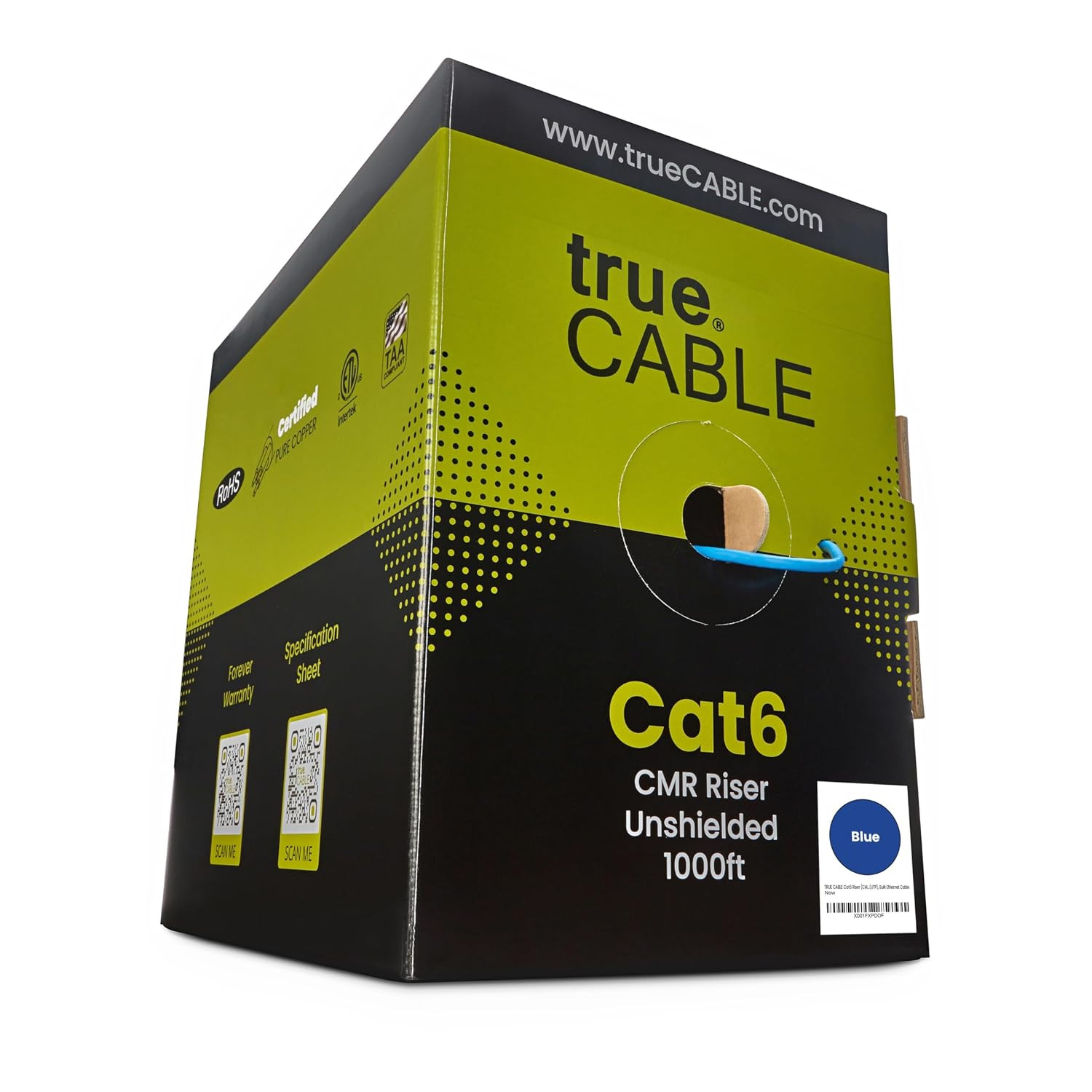 TRUE CABLE Cat6 Riser (CMR), 1000Ft, Blue, 23AWG 4 Pair Solid Bare Copper, 550Mh