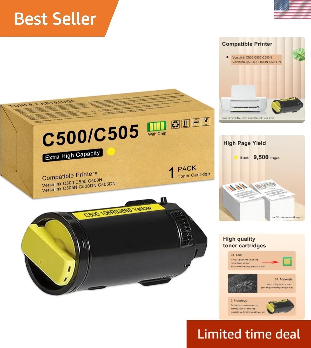 Extra High Capacity Yellow Cartridge for Xerox C500/C505 - 9,500 Page Yield